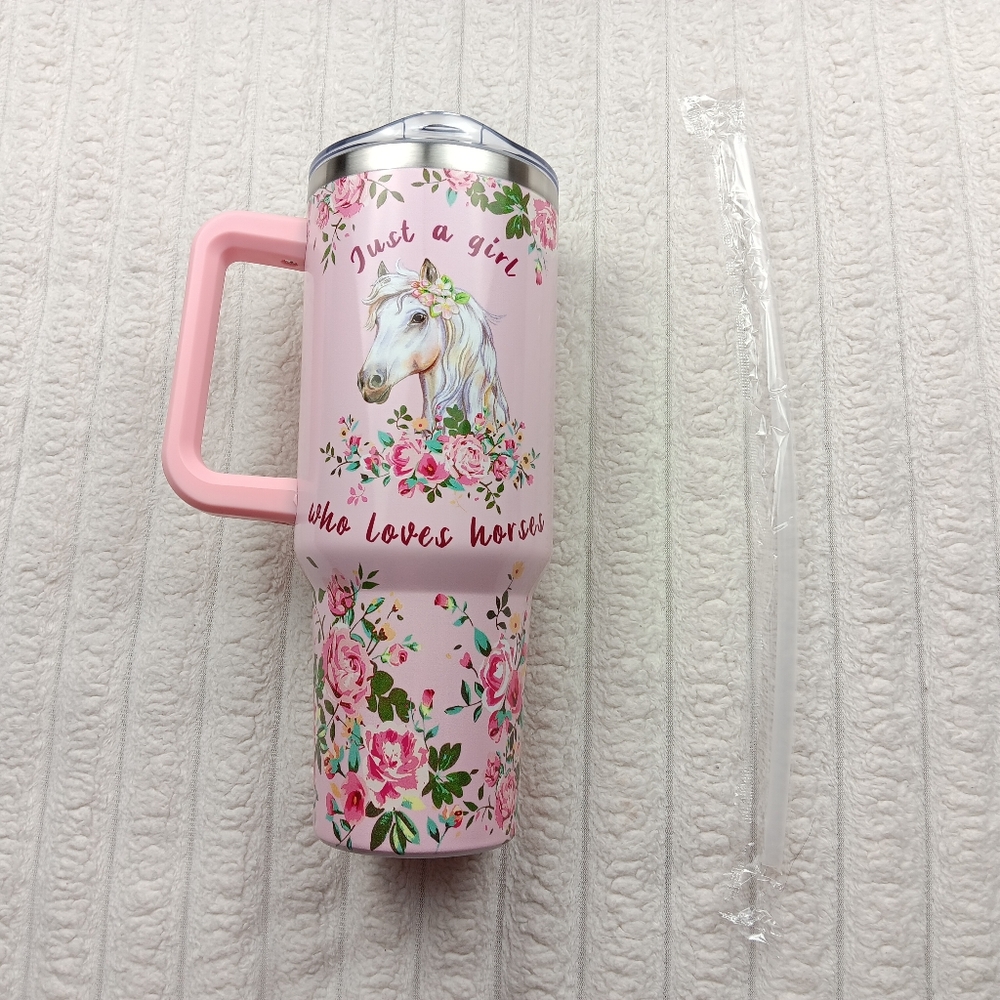 Pink Floral Horse Tumbler Girl Who Loves Horses - Picture 2 of 6